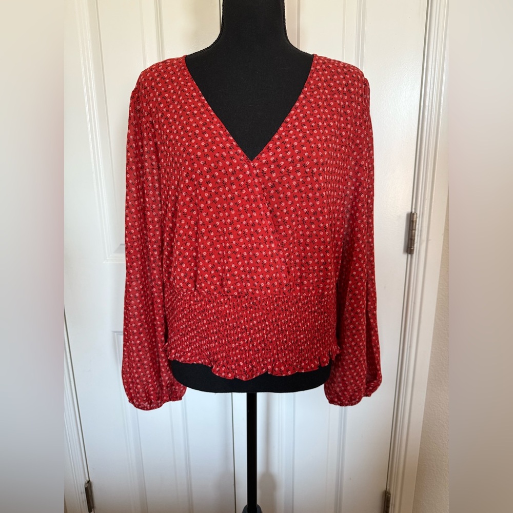 NWT Madewell SZ L Burnt Orange Cropped Faux Wrap
Top Bubble Sleeves Ruffle Hem